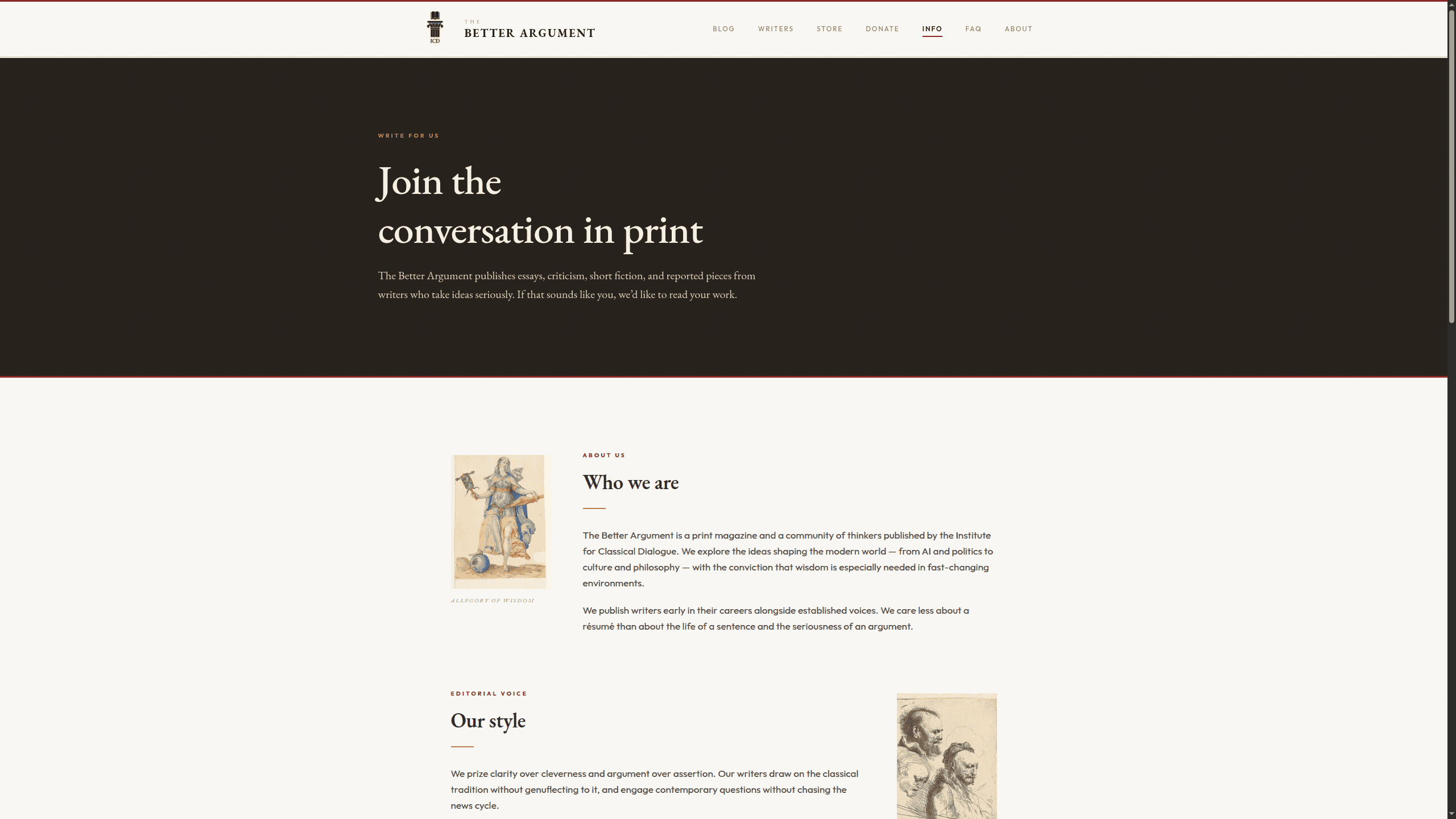 The about page, holding the publication's classical aesthetic end to end.