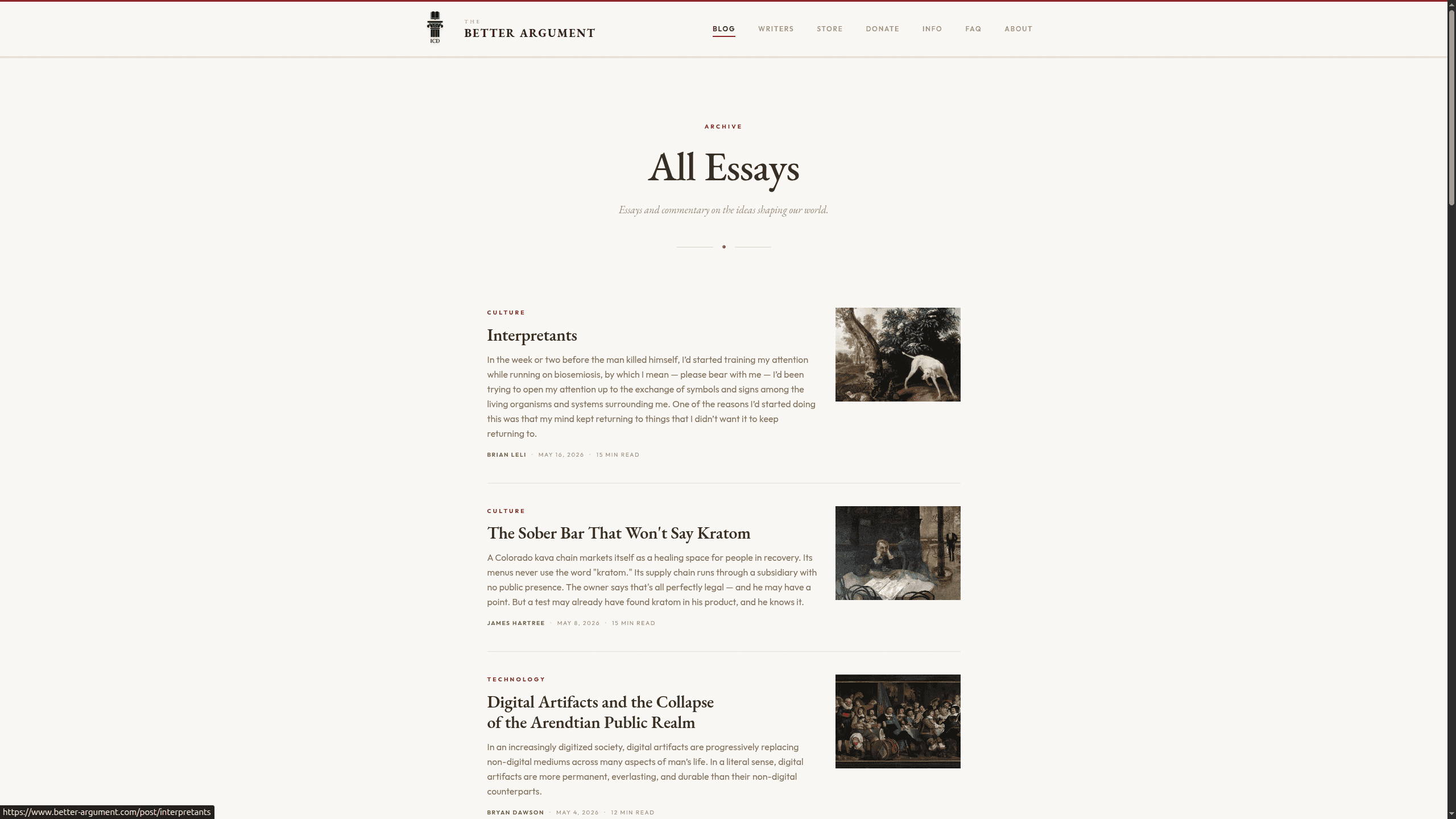 The essay archive — editorial typography carried across every category.