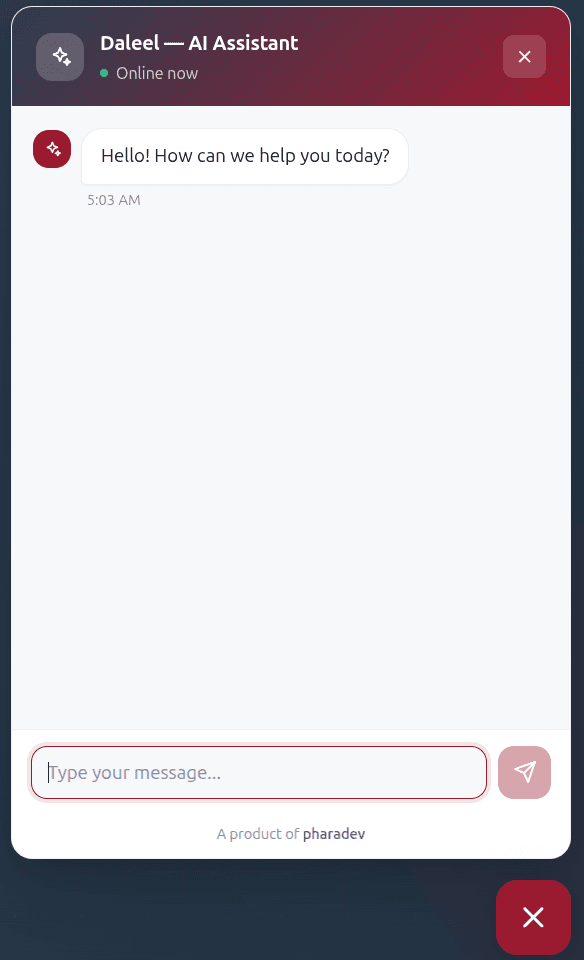 The embedded chat widget, white-labelled to match the host site's brand.