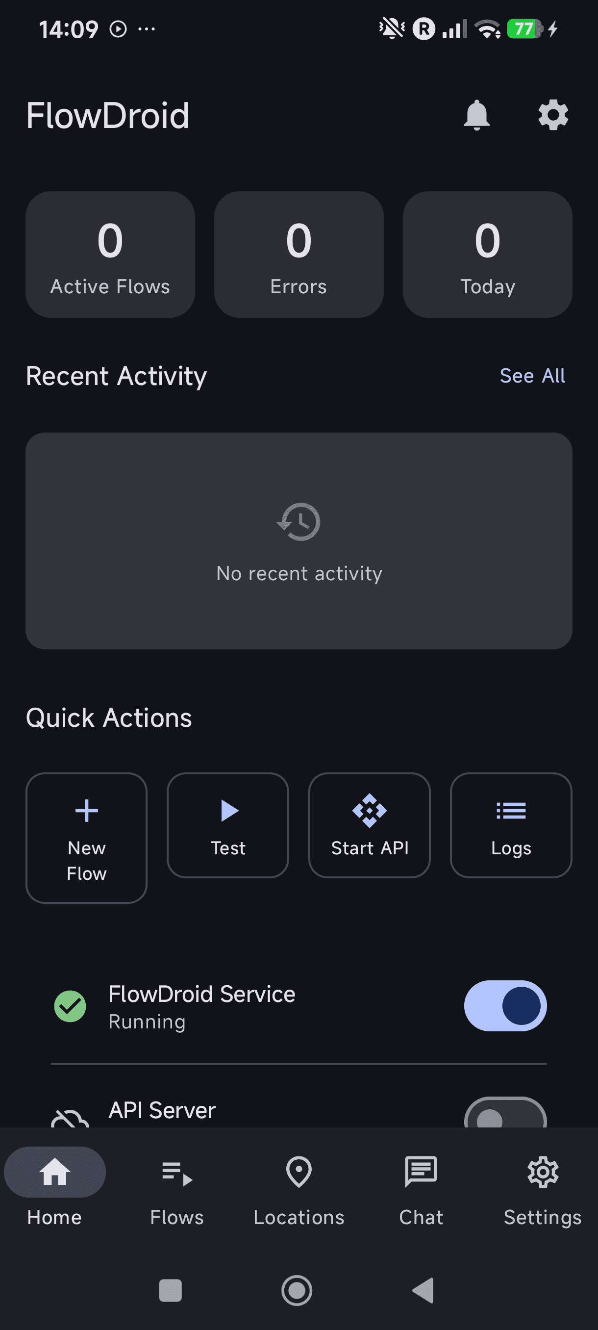 The home dashboard — active flows, service status, and quick actions at a glance.