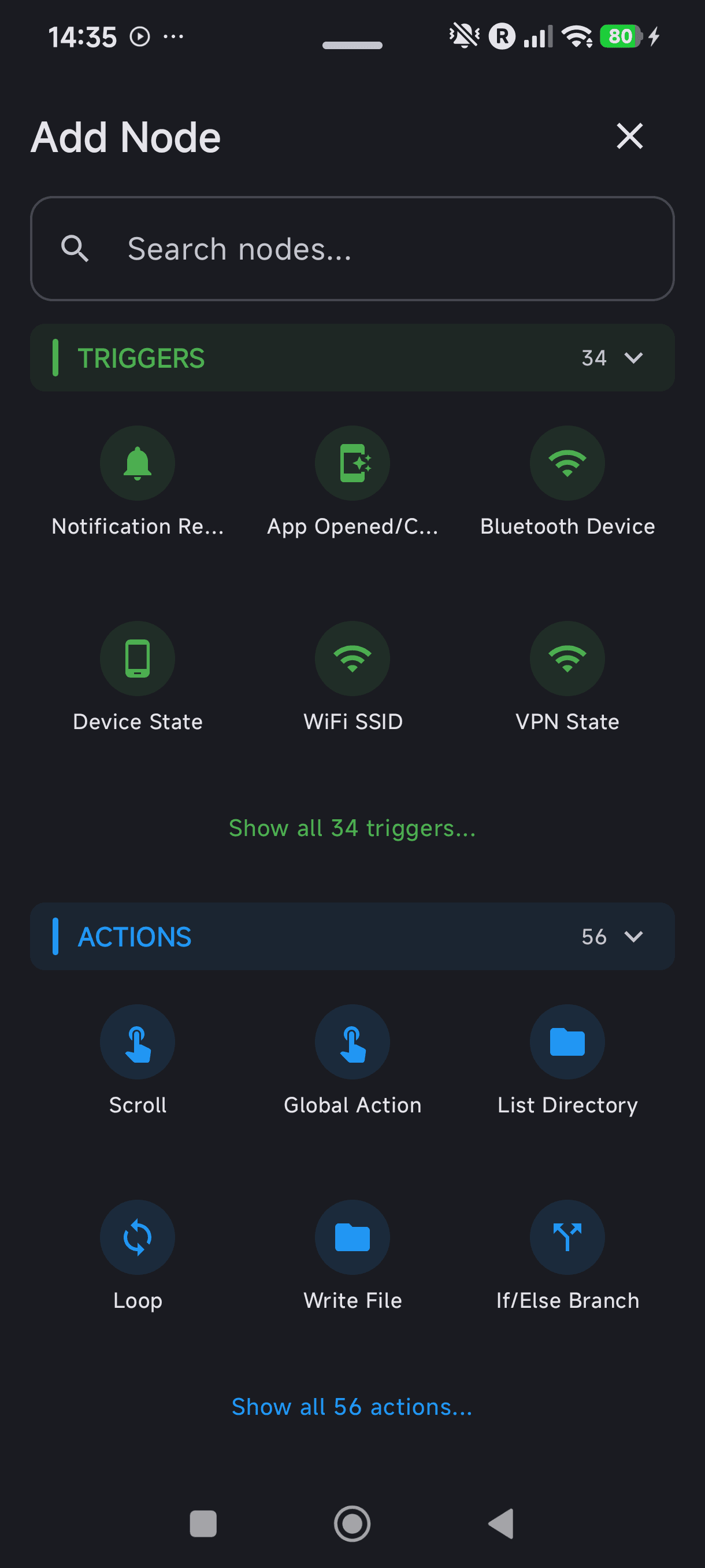 The node palette — 34 triggers and 56 actions to assemble any automation.