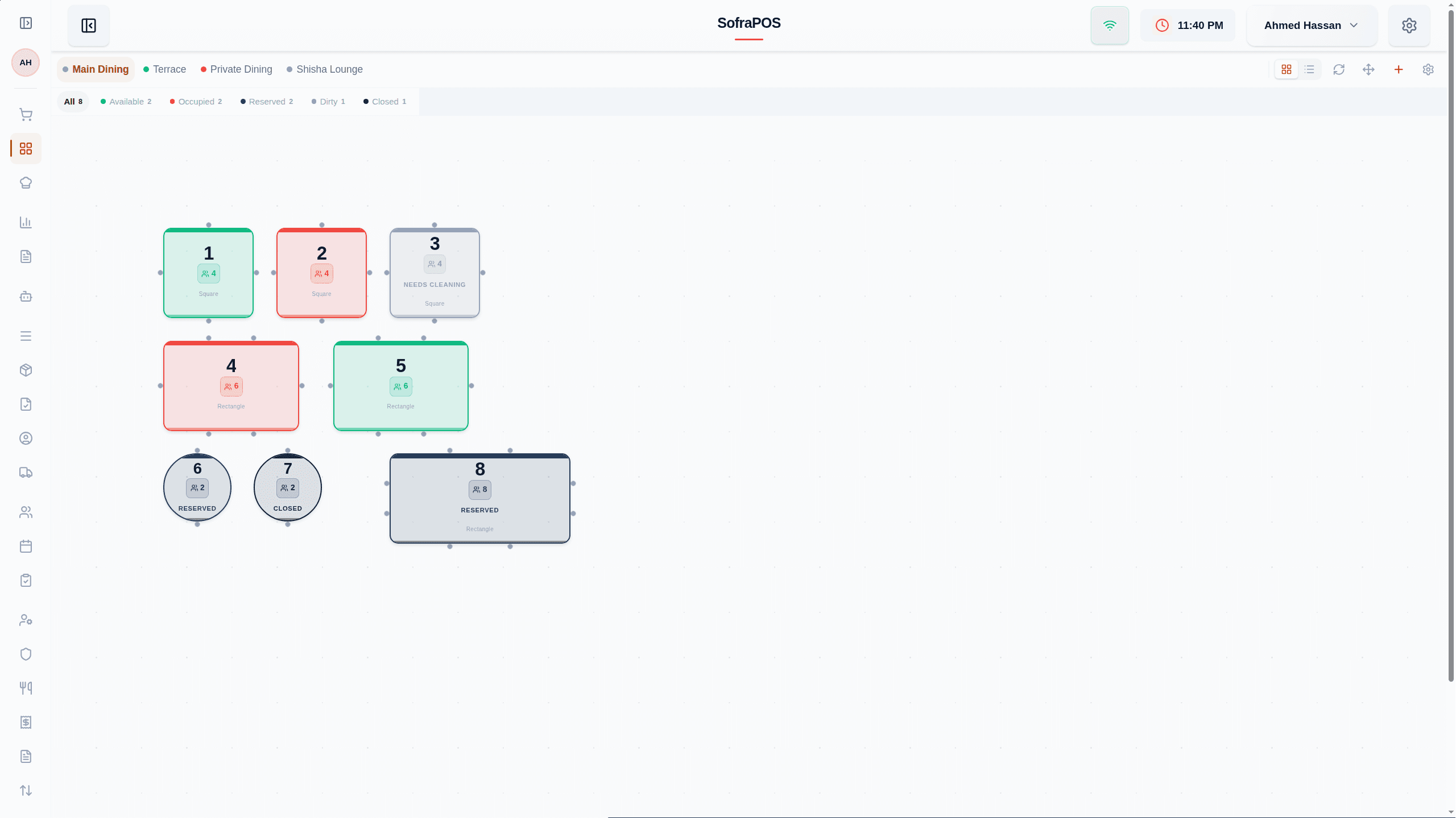 The floor planner — drag-and-drop tables with live status across every dining area.