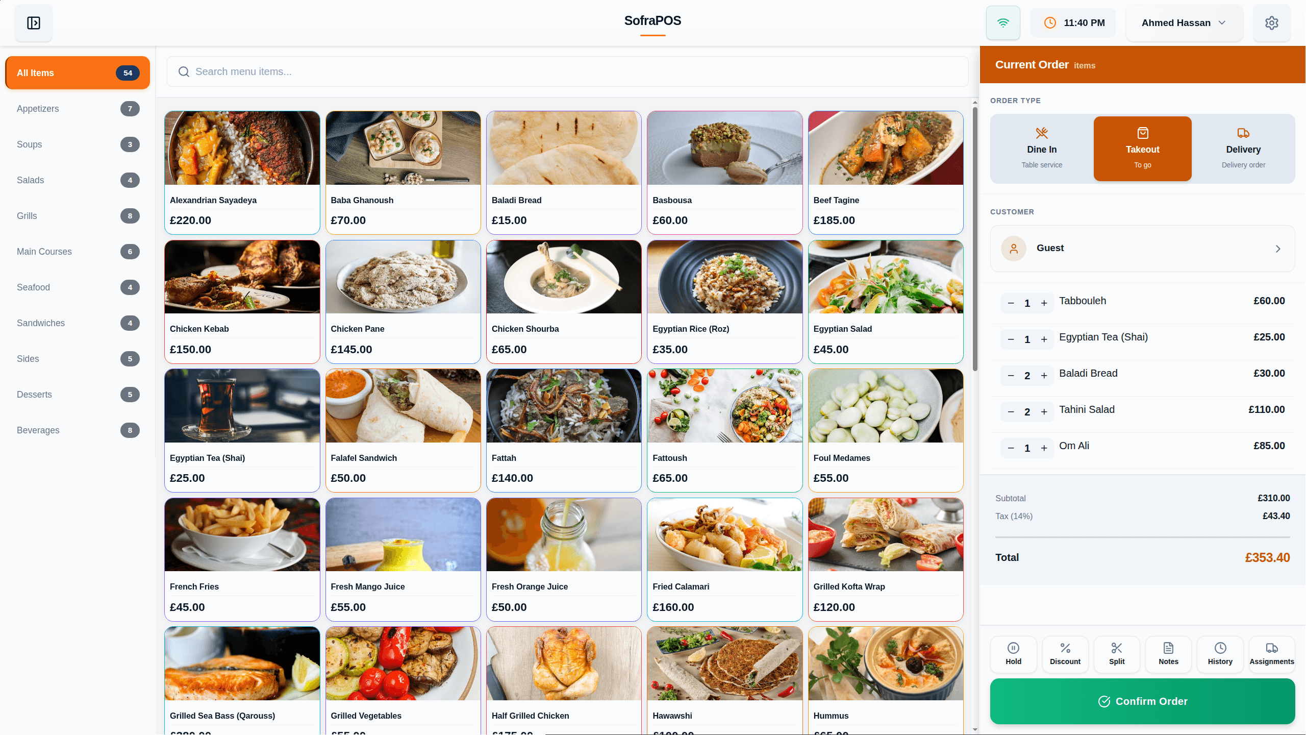 The point-of-sale screen — menu grid, live order, and one-tap checkout.